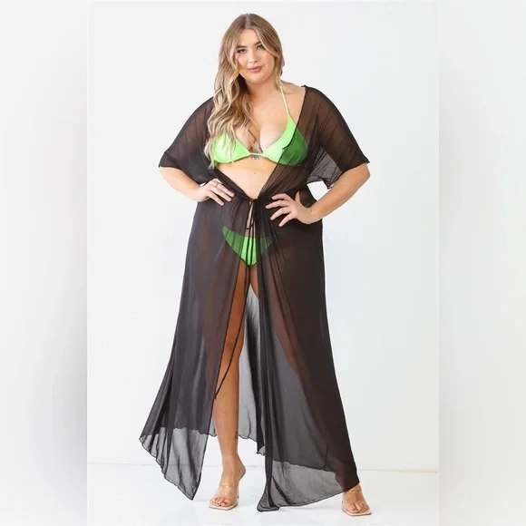PLUS SIZE Black Sheer Mesh Midi Sleeve Drawstring Waist Maxi Kimono Cover Up - Picture 3 of 9